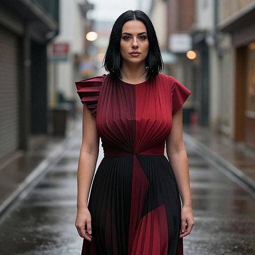 Photograph of a serious, dark-haired woman in a red and black pleated dress standing on a wet, urban alleyway at dusk.
