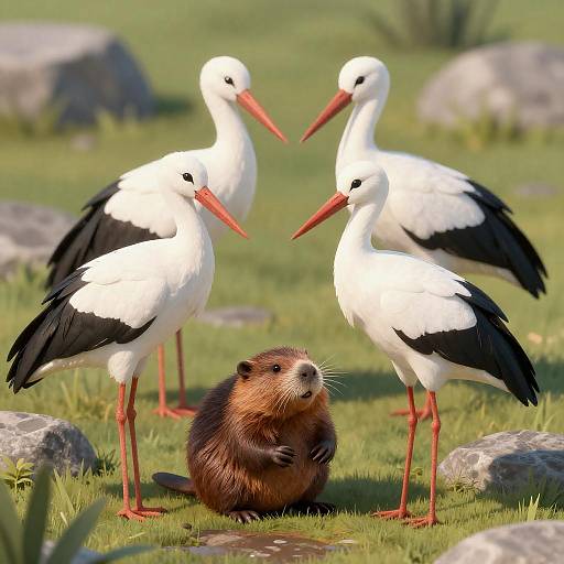 Storks and Beaver in Sunny Terrain