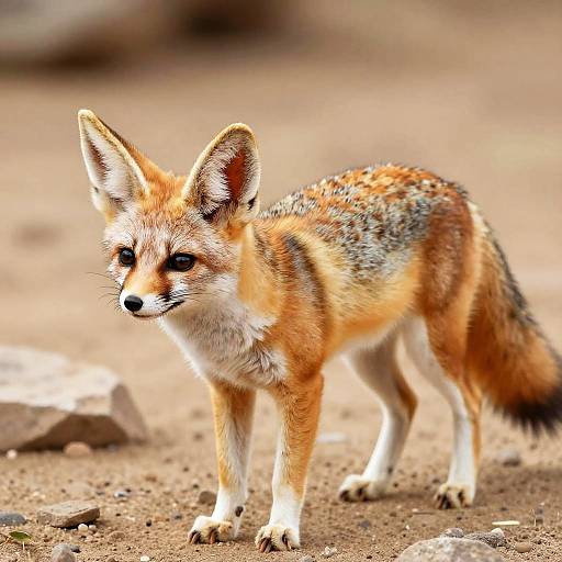 Photograph of a red fox with orange and white fur, black-tipped ears, and speckled back, standing on a rocky, sandy ground