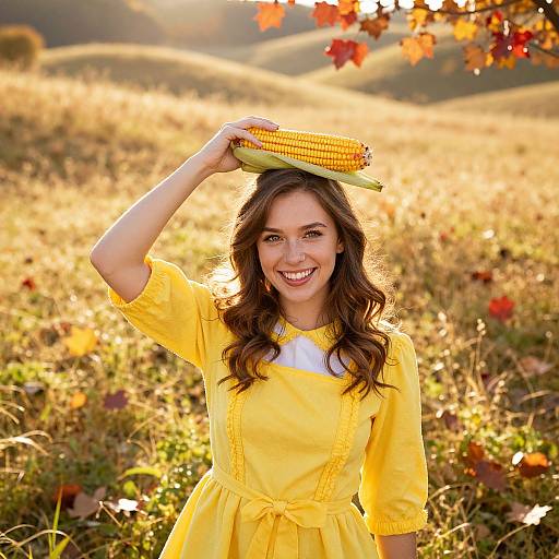 Young woman with wavy brown hair, wearing a yellow dress, smiles while holding a corn on her head in a sunlit, autumn field.