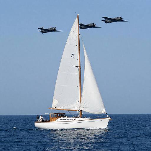Sailboat and Military Planes at Sea