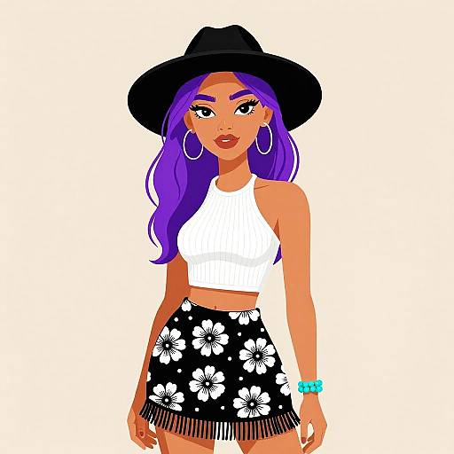 Boho Chic Woman with Purple Hair and Hat