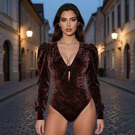 Photograph of a brunette woman with long hair, wearing a deep V-neck, velvet, long-sleeve, burgundy bodysuit, standing