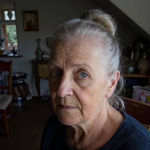 Photograph of an elderly woman with fair skin, blue eyes, and gray hair in a bun, wearing a black top, in a dimly lit