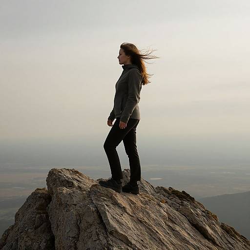 Photograph of a woman with long brown hair, wearing a gray jacket and black pants, standing confidently on a rocky mountain peak, wind blowing her hair