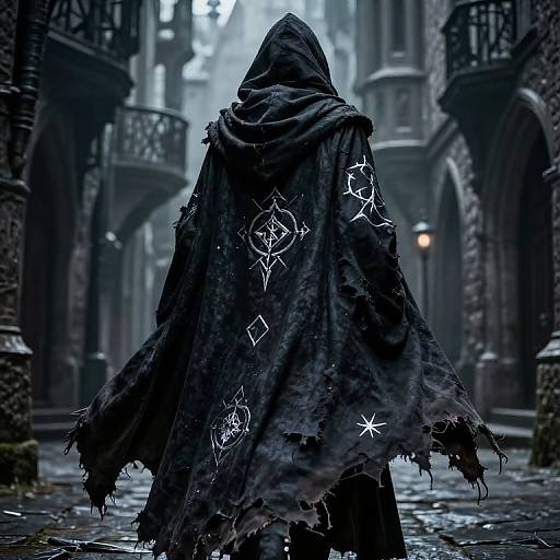 Photograph-like digital art: Mysterious figure in tattered black cloak with white geometric patterns, hood up, standing in misty, gothic stone