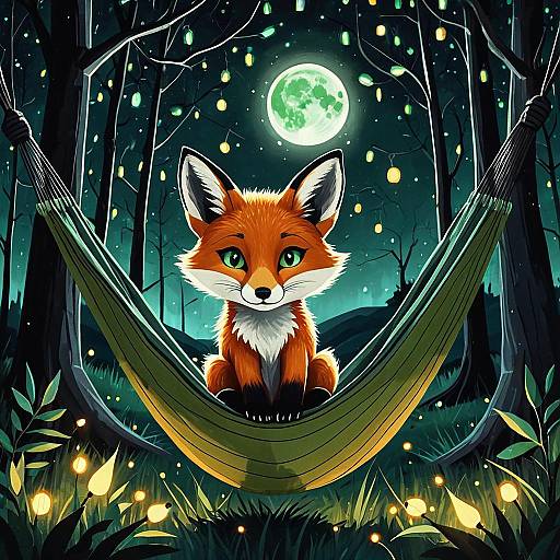 Fox Cub in Hammock Under Moonlit Night