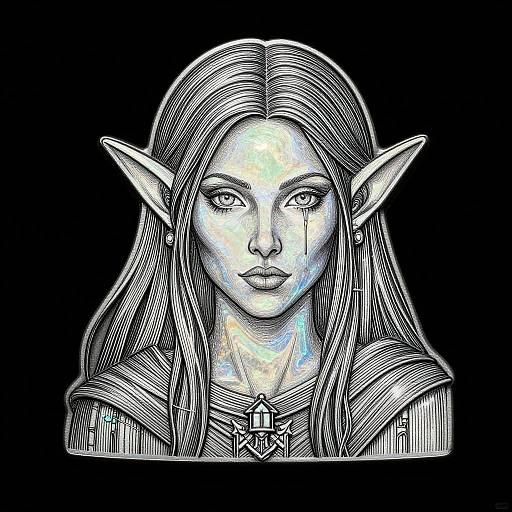 Digital black-and-white drawing of an elf woman with long hair, pointed ears, blood on her cheek, and a mysterious expression.