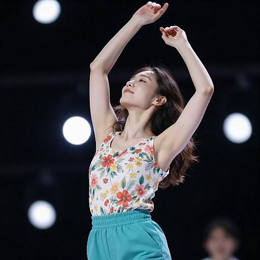 Energetic Woman Dancing in Floral Outfit