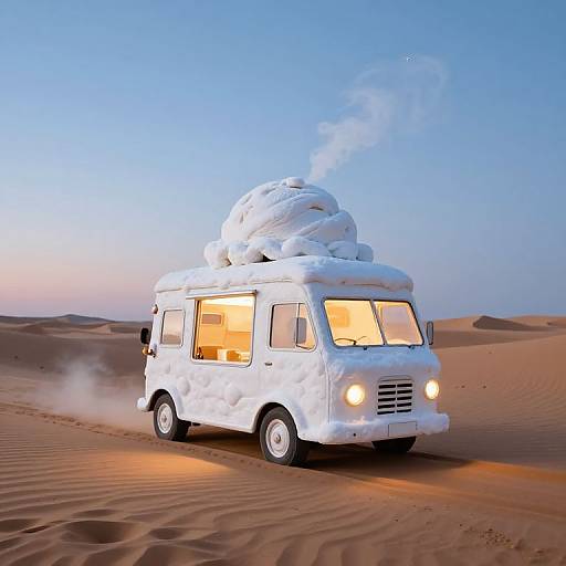 Photorealistic CGI of a white camper van covered in snow, driving through a desert with dunes under a clear blue sky.