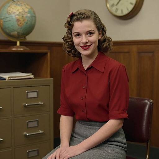 Vintage-style photograph of a smiling woman with curled brown hair, wearing a red blouse and gray skirt, seated in an office with a globe and clock.