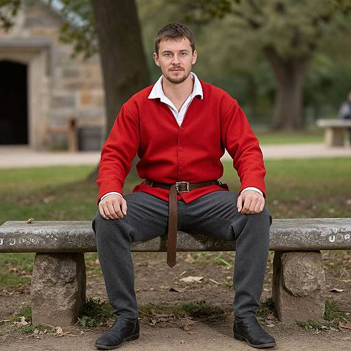 Photograph of a bearded man with short brown hair, wearing a bright red shirt, black pants, and belt, sitting on a stone bench in