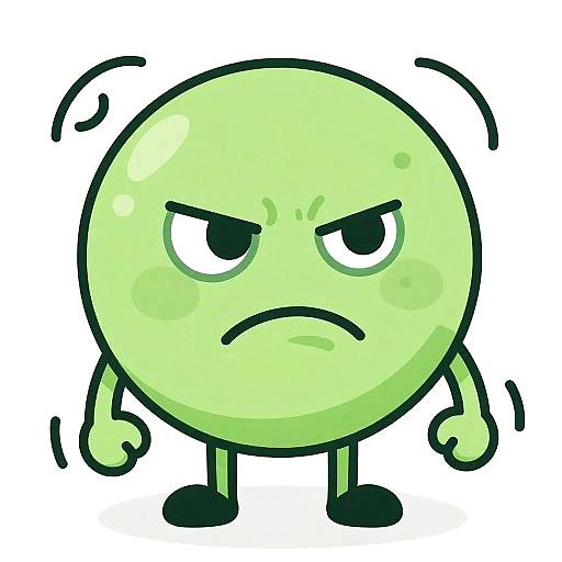 Cartoon green angry planet with a frowning face, raised eyebrows, clenched fists, and small legs on a white background.