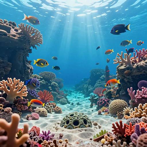 Vibrant underwater photograph of a coral reef teeming with colorful fish, sunbeams filtering through clear blue water, and diverse coral formations on a