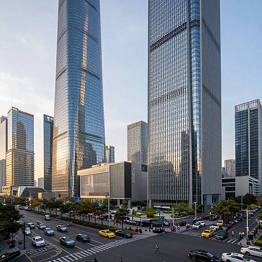 Photograph of a bustling urban cityscape with tall, reflective skyscrapers, yellow taxis, and busy intersection traffic under a clear blue sky.