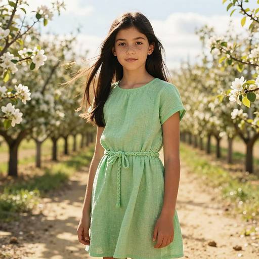 Photograph of a young girl with long dark hair, wearing a light green, short-sleeved dress, standing in a sunlit orchard with