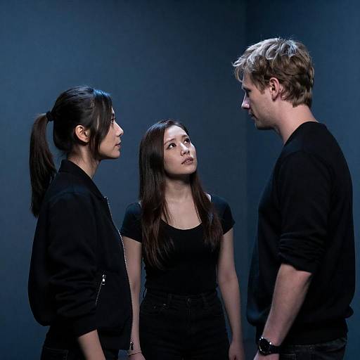 Intimate Blue-Hued Three-Person Portrait Scene