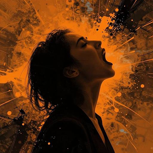 Photograph of a woman with dark hair in a ponytail, head tilted back, mouth open, silhouetted against an intense orange and black