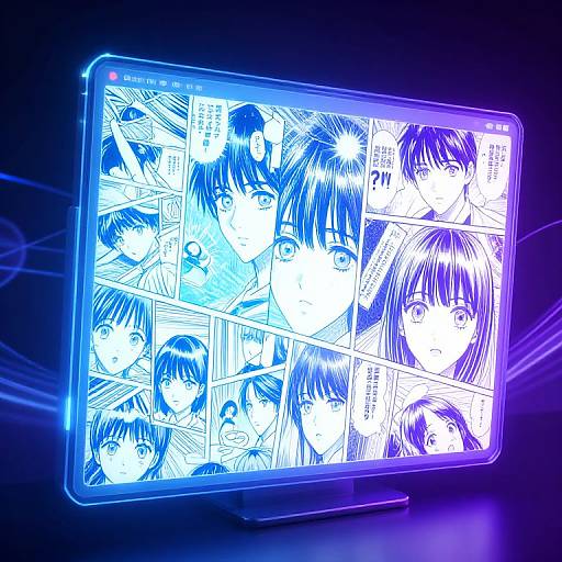 Neon blue-lit digital display showing manga-style comic panels with multiple anime characters, featuring expressive faces and dialogue bubbles, against a dark background.