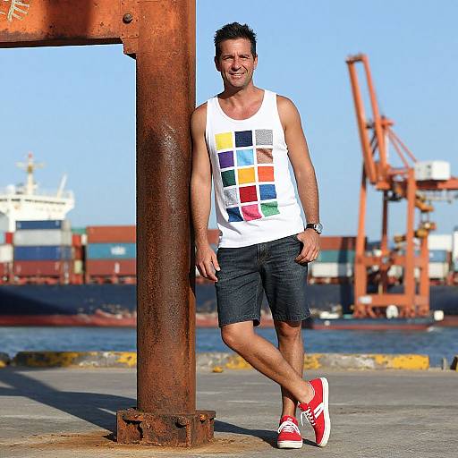 Smiling Man at Busy Industrial Port
