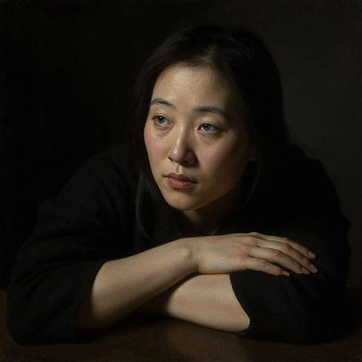 Photograph of an Asian woman with long black hair and fair skin, wearing a black top, softly lit against a dark background, resting her arms on