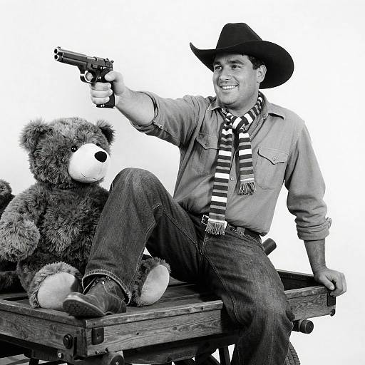 Cowboy Smiling with Handgun and Cart
