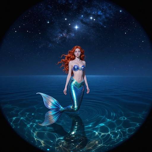 Photorealistic digital art of a red-haired mermaid with a shimmering blue-green tail, wearing a silver top, floating in a starry ocean