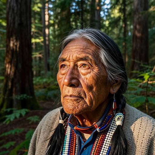 Photograph of an elderly Native American woman with long gray hair in braids, wearing colorful beaded necklaces, a gray cardigan, and a