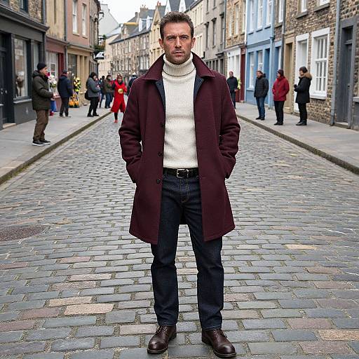 Photograph of a bearded man in a maroon coat, white turtleneck, black pants, and brown shoes, standing on a cobble