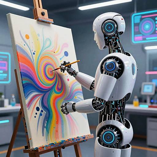 Photograph of a white and black robotic artist painting a vibrant, swirling abstract on canvas in a futuristic, neon-lit studio.
