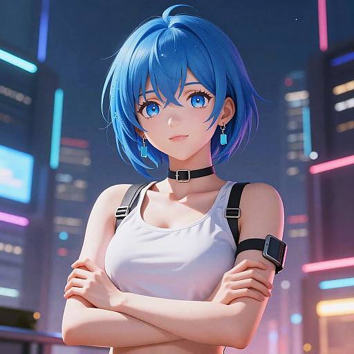 Digital anime-style drawing of a blue-haired, blue-eyed woman with a white tank top, black choker, and arm straps, standing confidently with arms