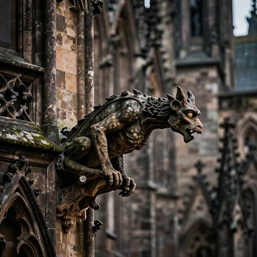 Photograph of a detailed, menacing stone gargoyle with sharp features and textured scales, perched on a weathered Gothic cathedral wall.