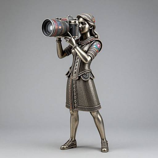 Photorealistic CGI sculpture of a medieval woman in ornate dress and hat, holding a large camera, standing against a gray gradient background.