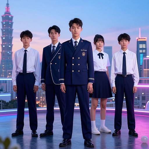 Photograph of five Asian schoolchildren standing in front of a city skyline at sunset, wearing formal school uniforms with white shirts, black ties, and navy