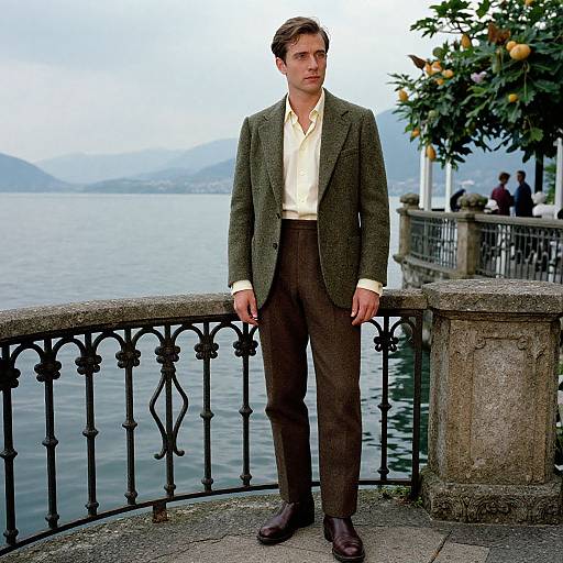 Photograph of a young man in a green blazer, white shirt, brown pants, standing by a lake with a wrought iron railing. Orange tree