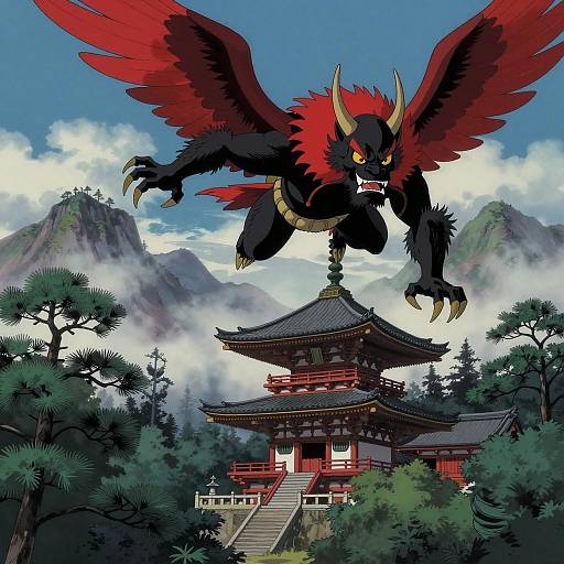 Mountain Tengu Soaring Over Japanese Shrine