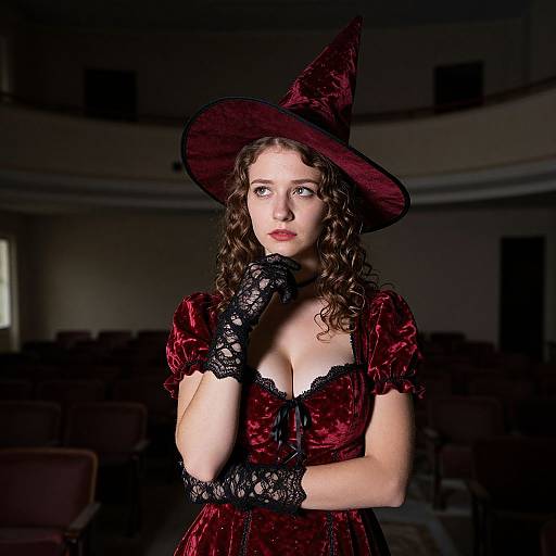 Photograph of a pale-skinned woman with curly brown hair, wearing a red velvet witch hat and dress, black lace gloves, in a dimly