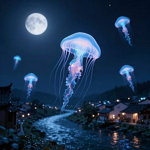 Photograph of glowing blue jellyfish under a full moon, floating above a dark, illuminated waterfront village with twinkling lights.