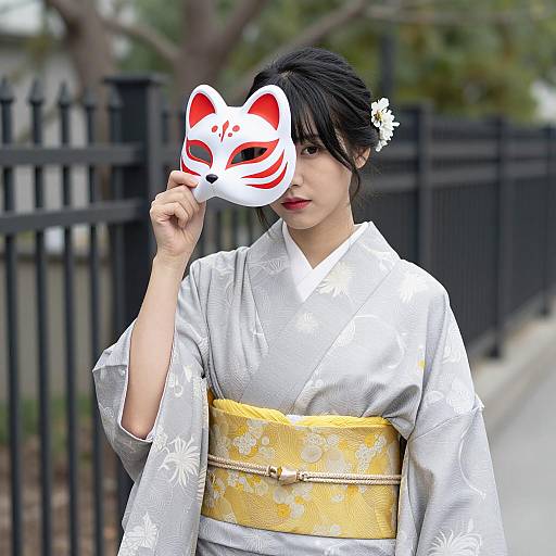 Elegant Asian Woman in Kimono Outdoors