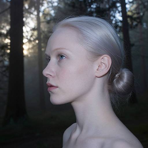 Photograph of a pale, slender, blonde woman with a bun, blue eyes, and delicate features, in profile against a dark forest background.