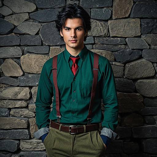 Young Man in Green Shirt and Red Tie with Suspenders