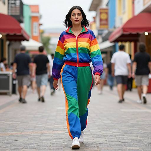 Photograph of a Black woman with dreadlocks, wearing a colorful rainbow tracksuit, walking confidently down a bustling, cobblestone street.