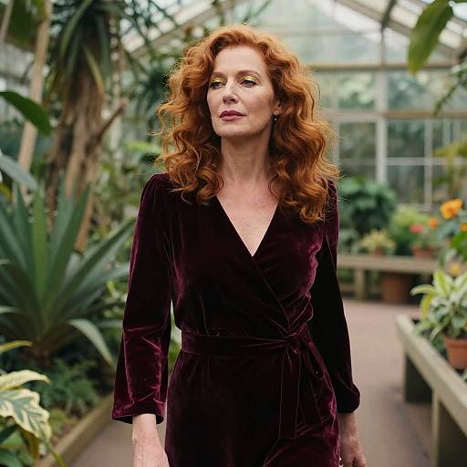Photograph of a red-haired woman with wavy hair, wearing a deep purple velvet dress, standing in a lush greenhouse filled with various plants.