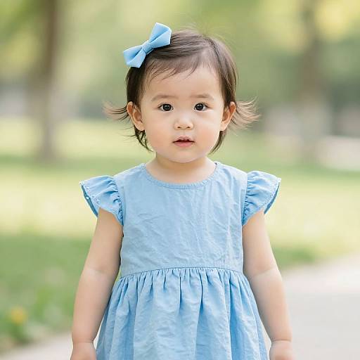 Photograph of a cute Asian toddler with short black hair, wearing a light blue dress and matching bow, standing outdoors in a sunlit, blurred green