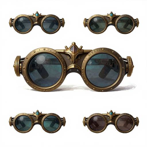 Photograph of five pairs of steampunk-style, round, bronze-rimmed sunglasses with dark blue lenses and small turquoise accents, displayed against a