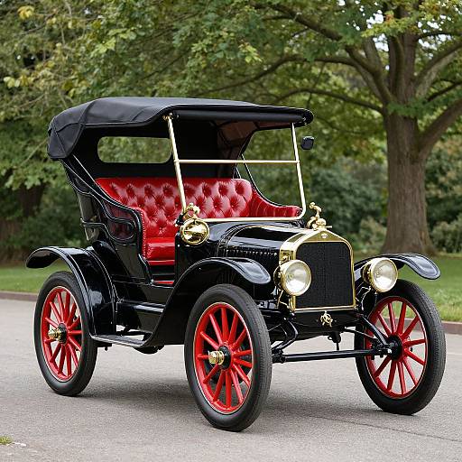Photograph of a vintage black car with red spoked wheels, tufted red leather interior, black canopy, and gold accents, parked on a