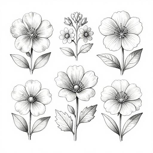 Black and white digital drawing of six detailed, stylized flowers with varying petal shapes and leaf patterns, arranged in two rows.