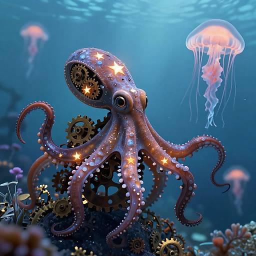 Digital artwork of a glowing, star-adorned octopus with gears on its body, surrounded by jellyfish and underwater corals, in a blue