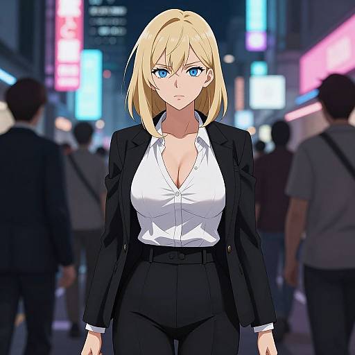 Digital anime-style drawing of a blonde woman with blue eyes, wearing a black blazer, white button-up shirt, and black pants, standing confidently in