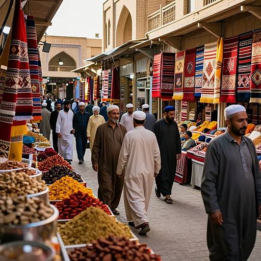 Photograph of a bustling Middle Eastern market, men in traditional attire, colorful spice piles, hanging red and white patterned fabrics, narrow stone pathway,